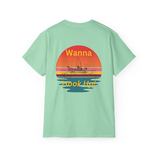 Wanna Hook Up? Fishing Sunset Tee — Graphic Fishing T‑Shirt