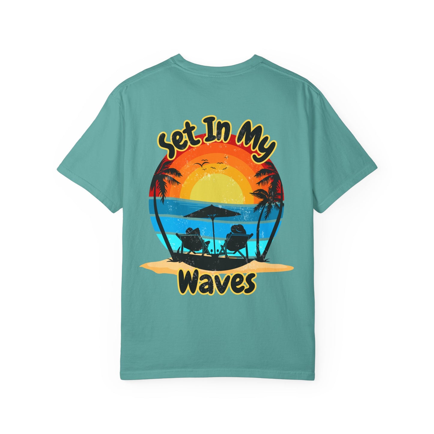 Sunset Surf T-Shirt — "Set In My Waves" Retro Beach Graphic Tee