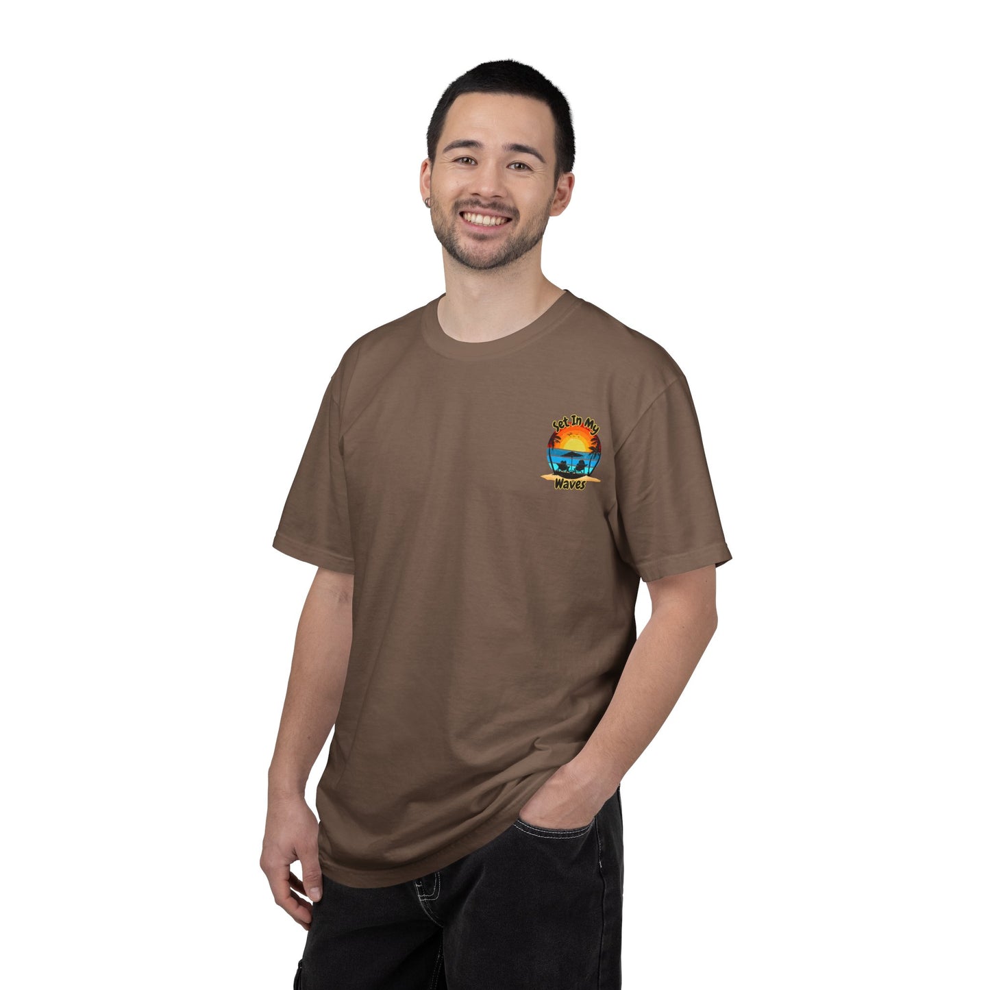 Sunset Surf T-Shirt — "Set In My Waves" Retro Beach Graphic Tee