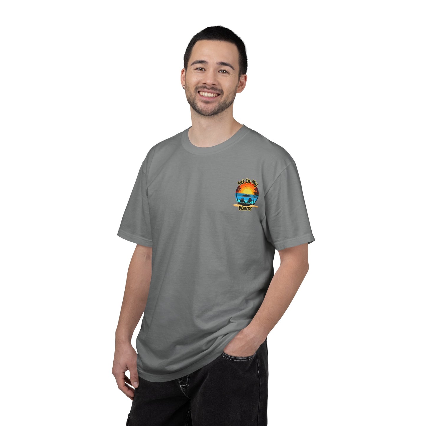 Sunset Surf T-Shirt — "Set In My Waves" Retro Beach Graphic Tee