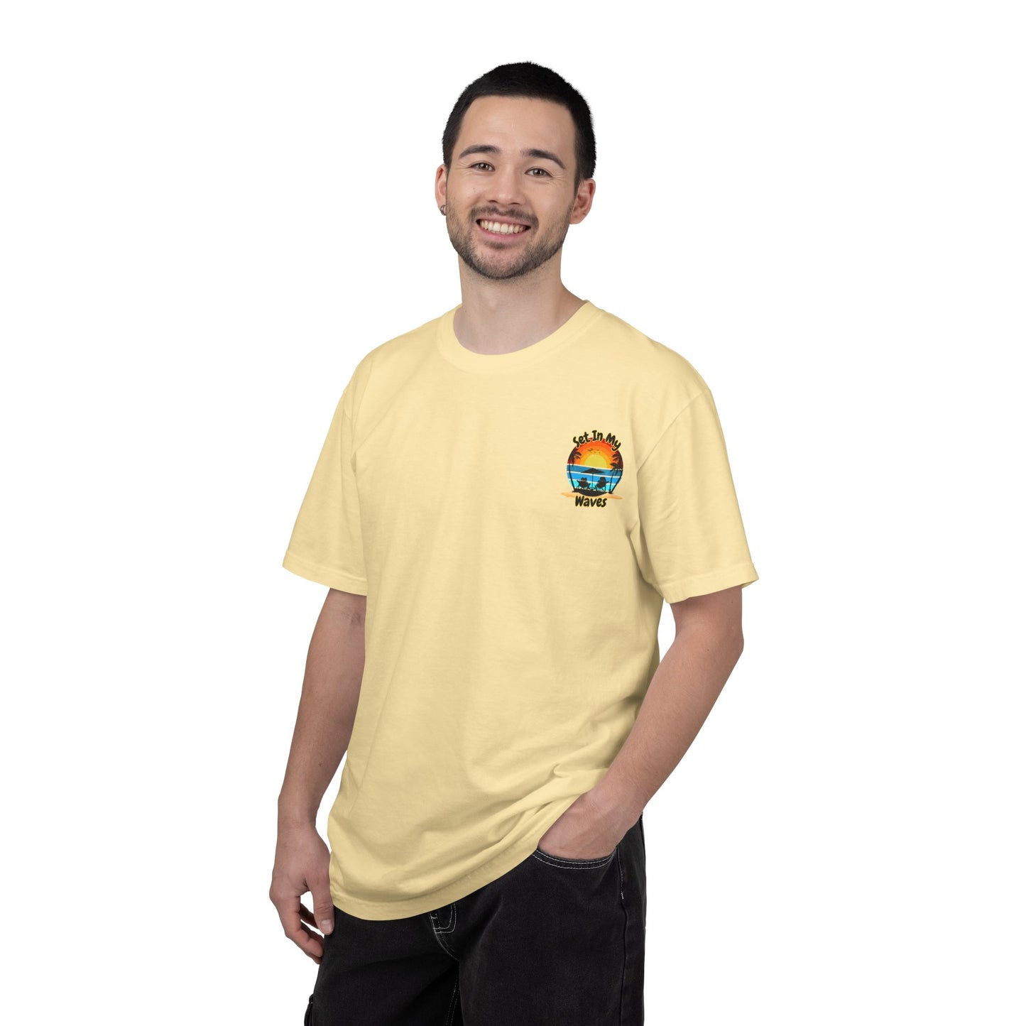 Sunset Surf T-Shirt — "Set In My Waves" Retro Beach Graphic Tee