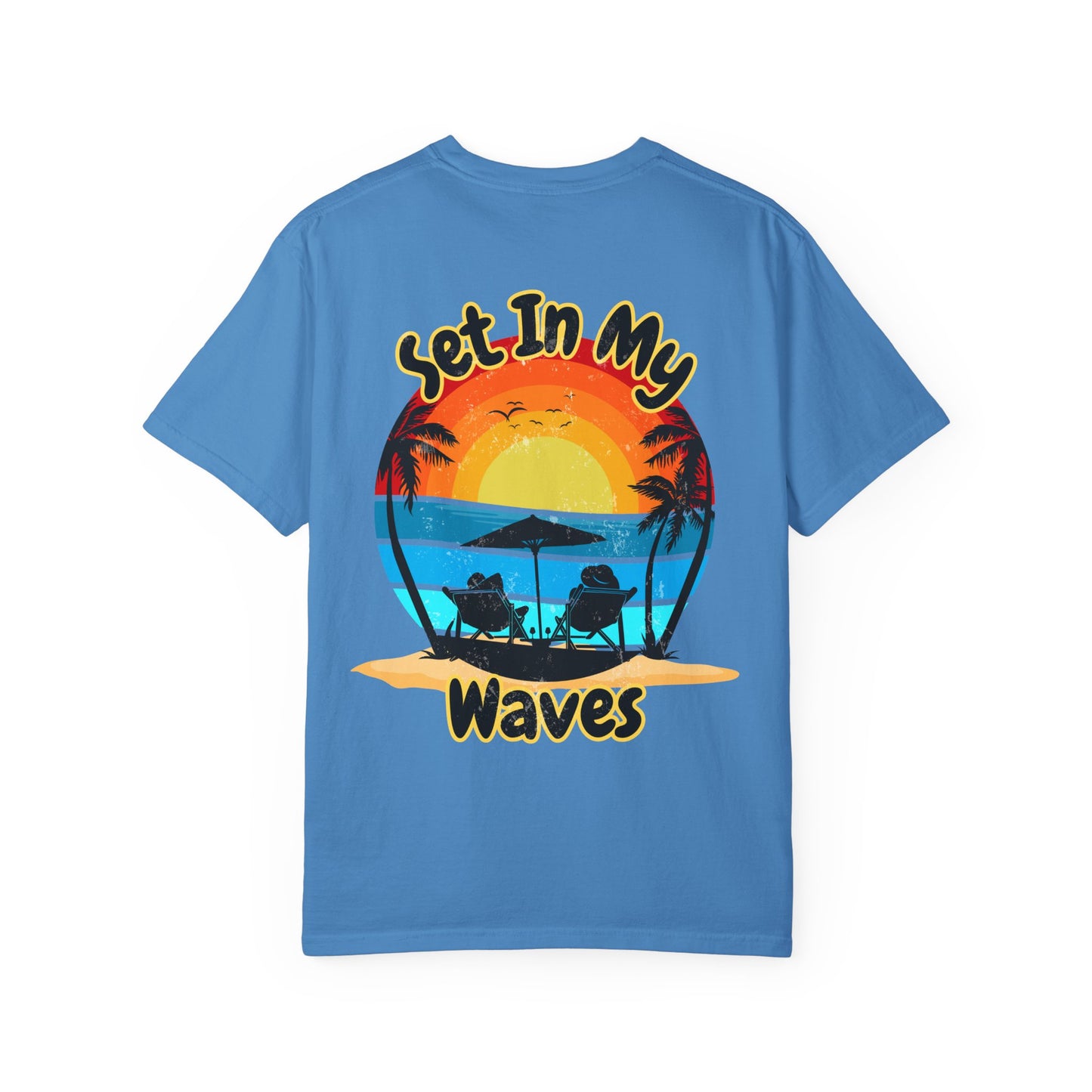 Sunset Surf T-Shirt — "Set In My Waves" Retro Beach Graphic Tee