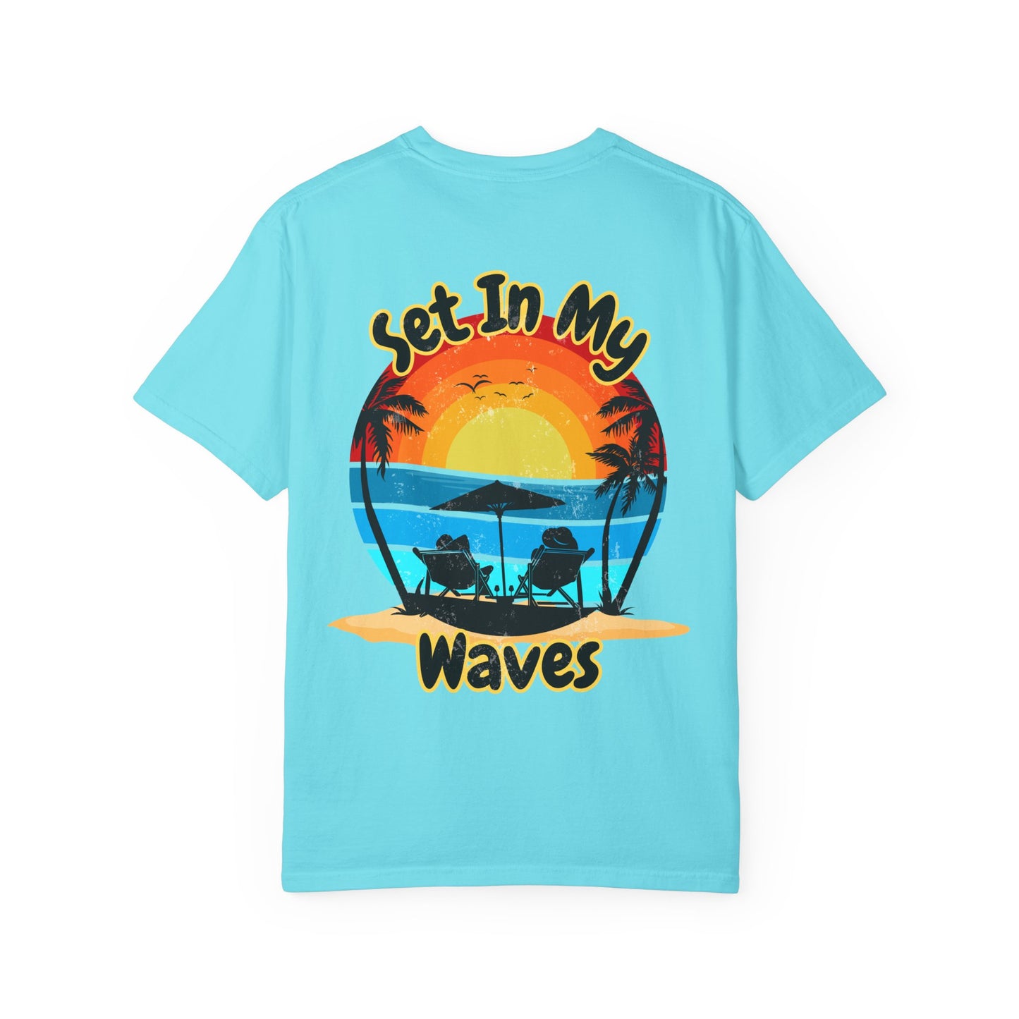 Sunset Surf T-Shirt — "Set In My Waves" Retro Beach Graphic Tee
