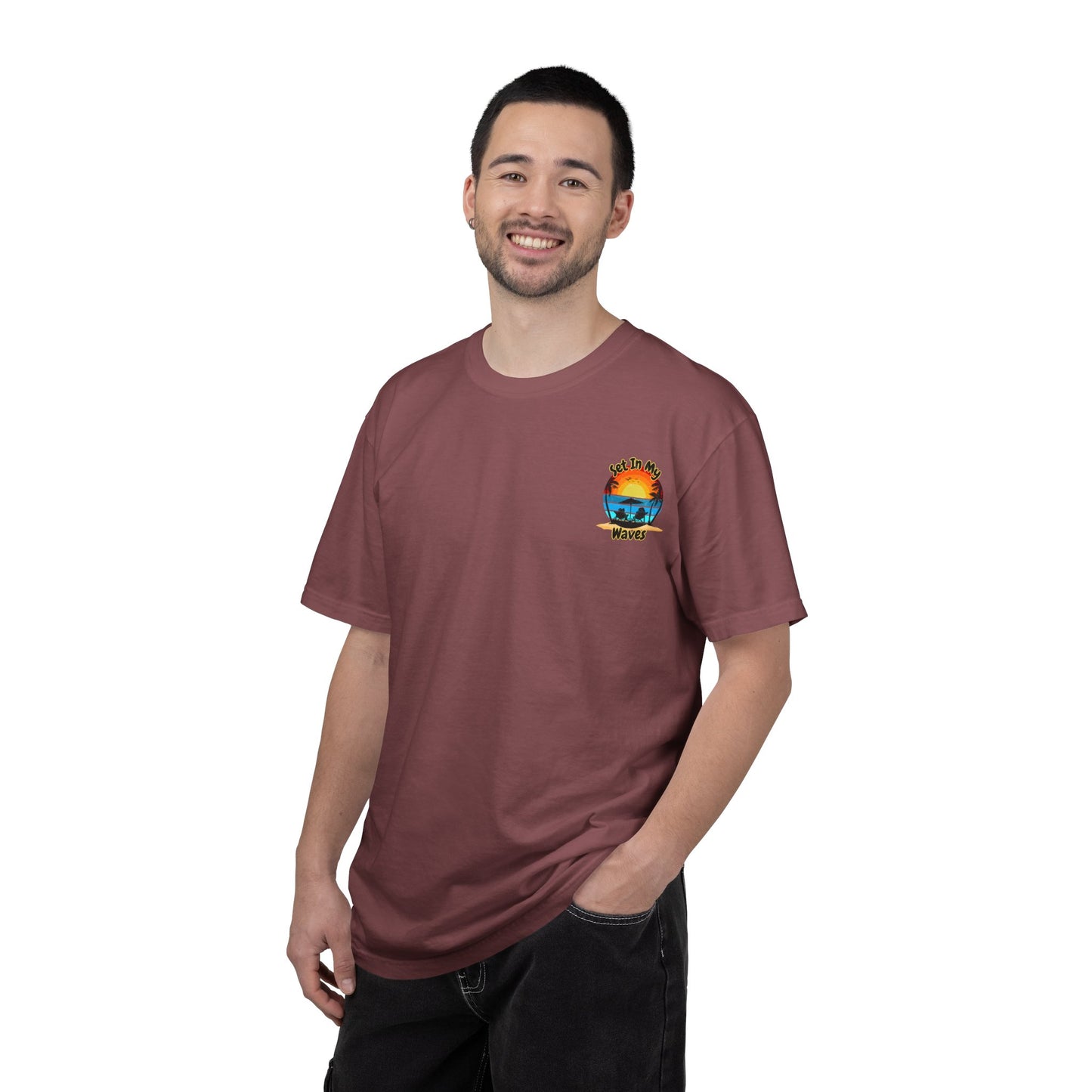 Sunset Surf T-Shirt — "Set In My Waves" Retro Beach Graphic Tee