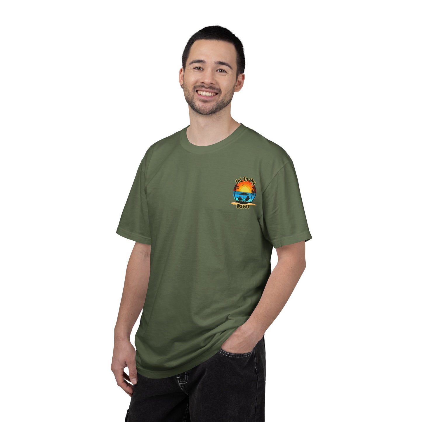 Sunset Surf T-Shirt — "Set In My Waves" Retro Beach Graphic Tee