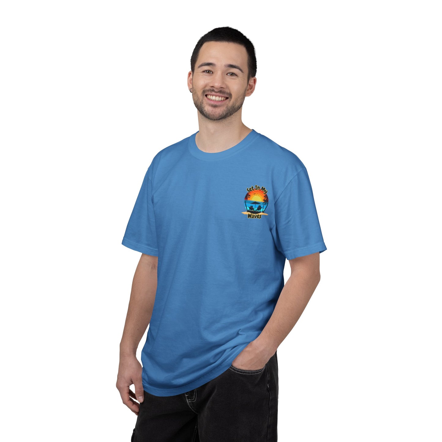 Sunset Surf T-Shirt — "Set In My Waves" Retro Beach Graphic Tee