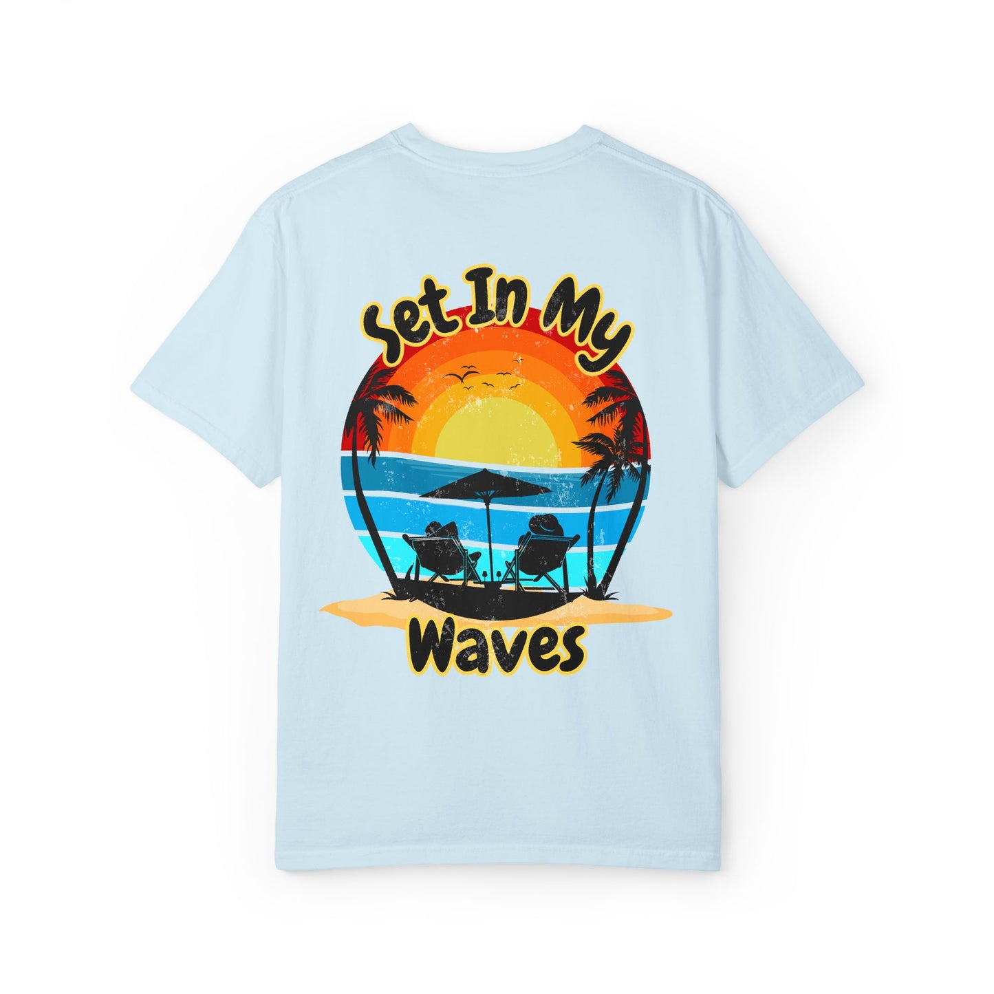 Sunset Surf T-Shirt — "Set In My Waves" Retro Beach Graphic Tee