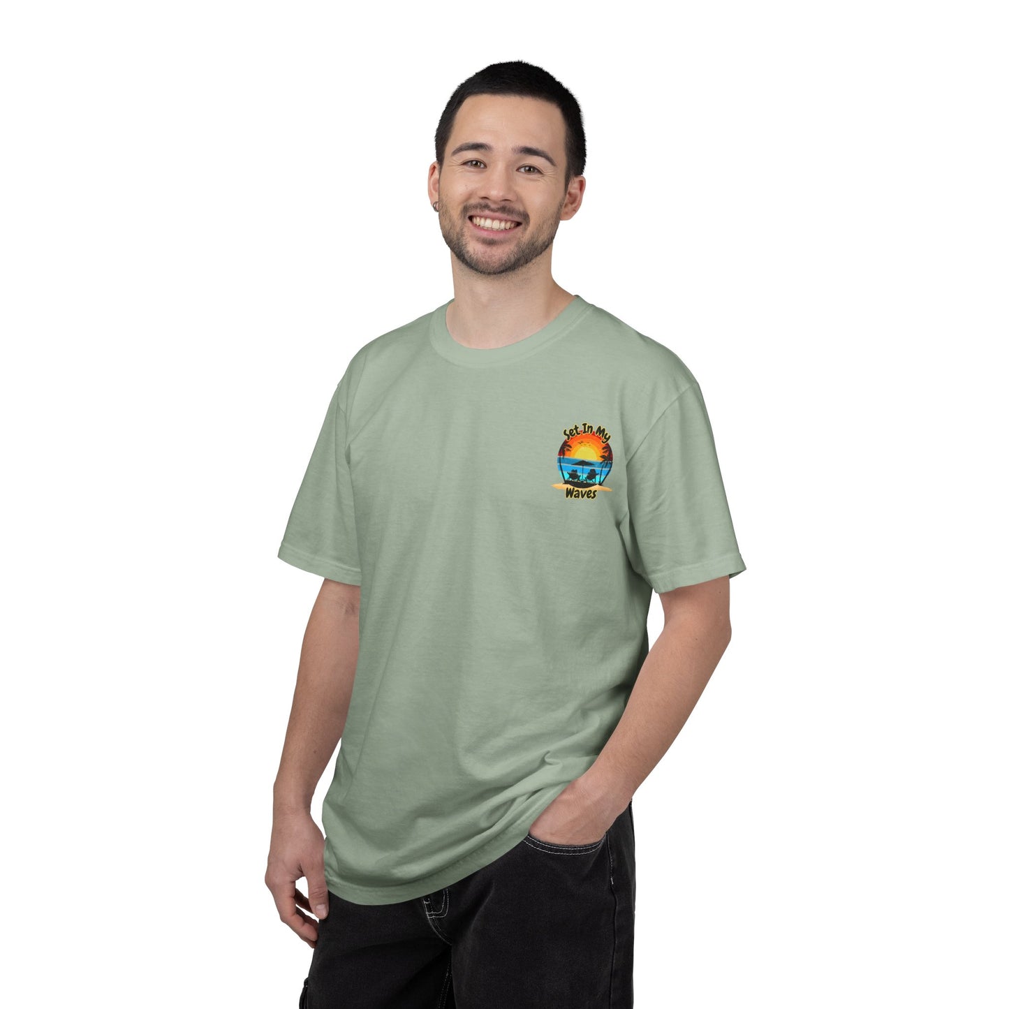 Sunset Surf T-Shirt — "Set In My Waves" Retro Beach Graphic Tee