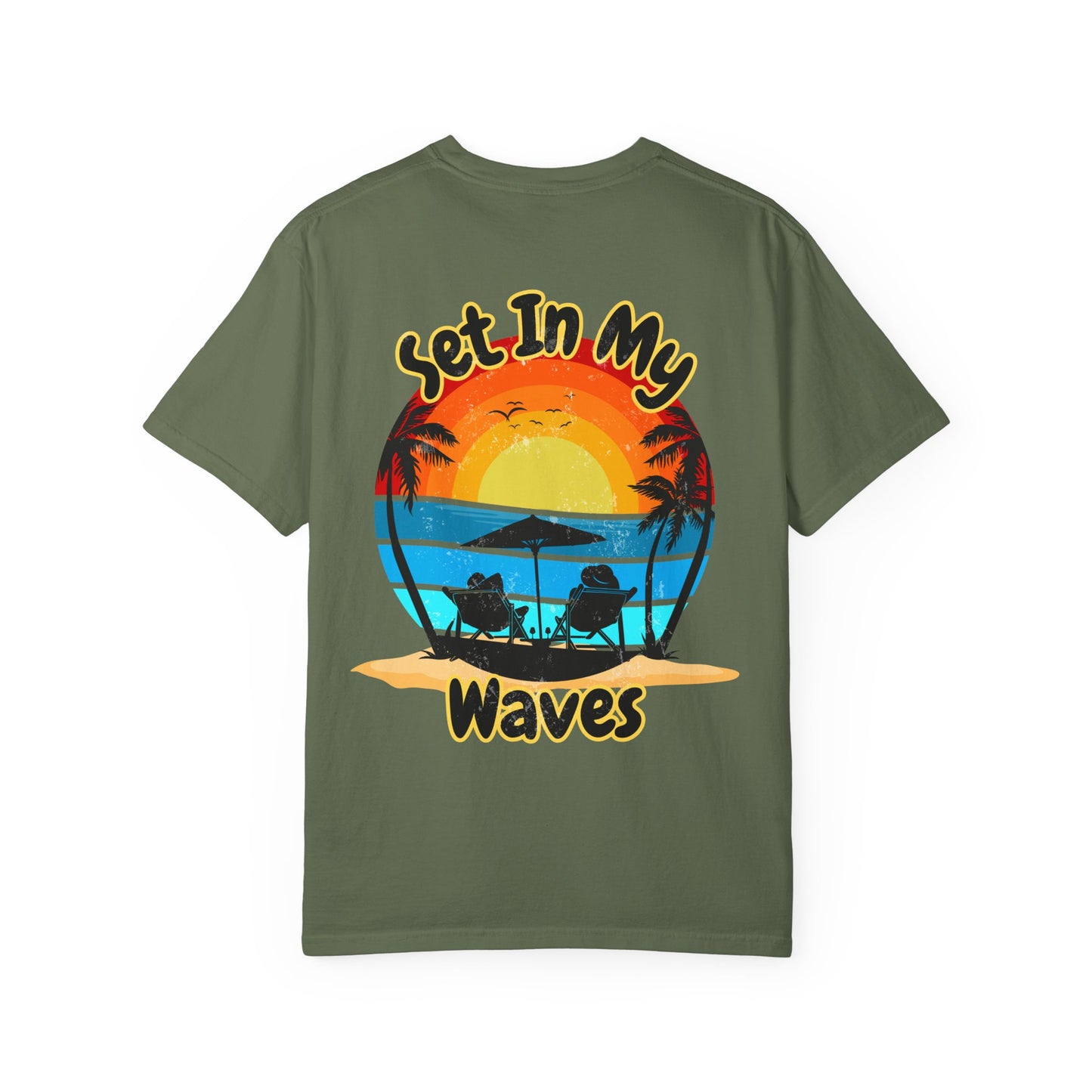 Sunset Surf T-Shirt — "Set In My Waves" Retro Beach Graphic Tee