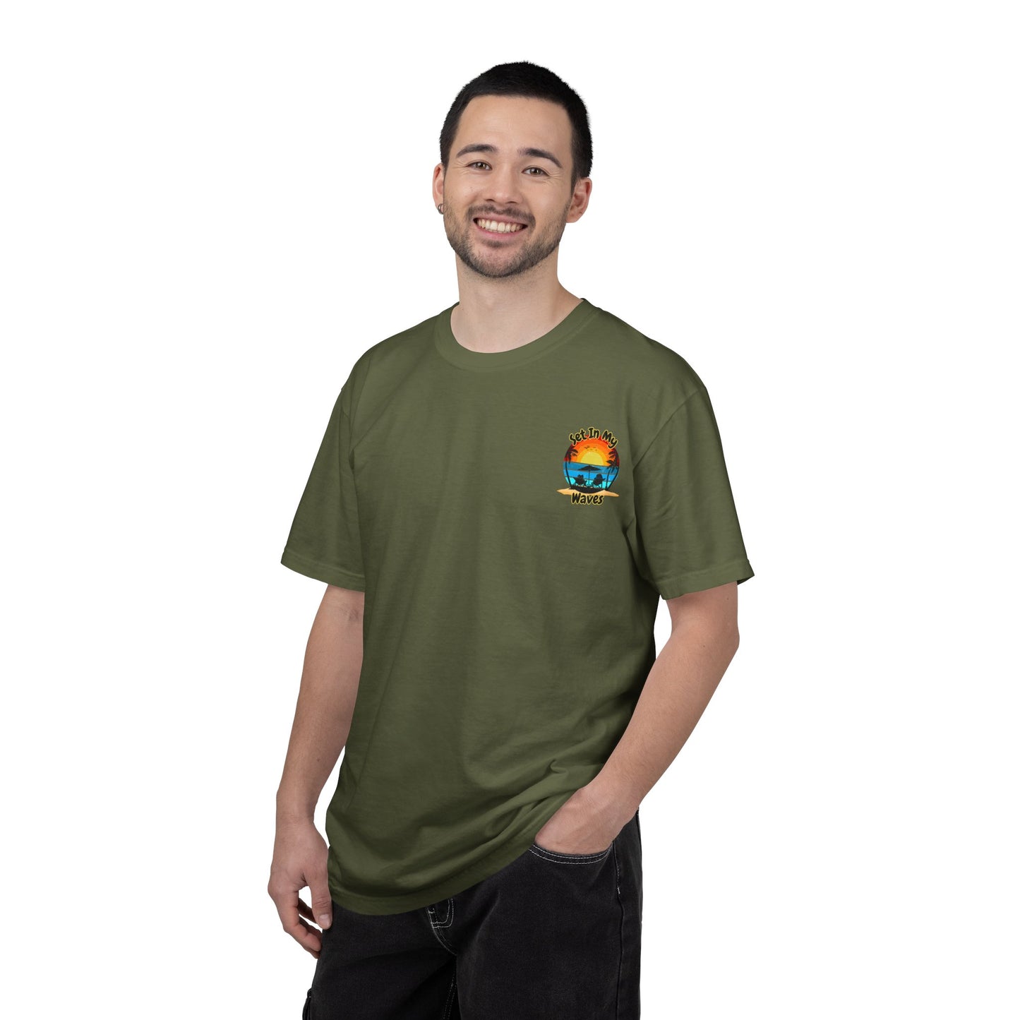 Sunset Surf T-Shirt — "Set In My Waves" Retro Beach Graphic Tee