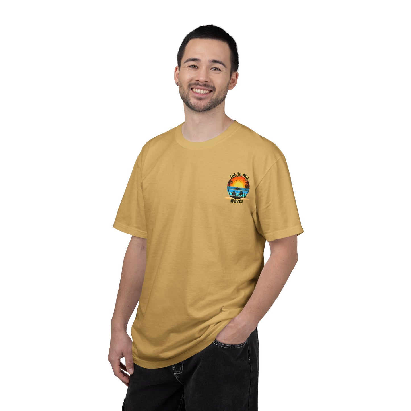 Sunset Surf T-Shirt — "Set In My Waves" Retro Beach Graphic Tee
